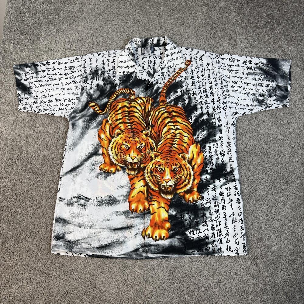 Vintage TRUST Shirt Mens M White Tiger AOP Graphic Skater Short Sleeve Button Up